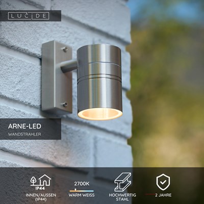 Lucide ARNE-LED - Wandstrahler / Wandleuchte Innen/Außen - Ø 6,3 cm - LED - GU10 - 1x5W 2700K - IP44 - Chrom Matt
